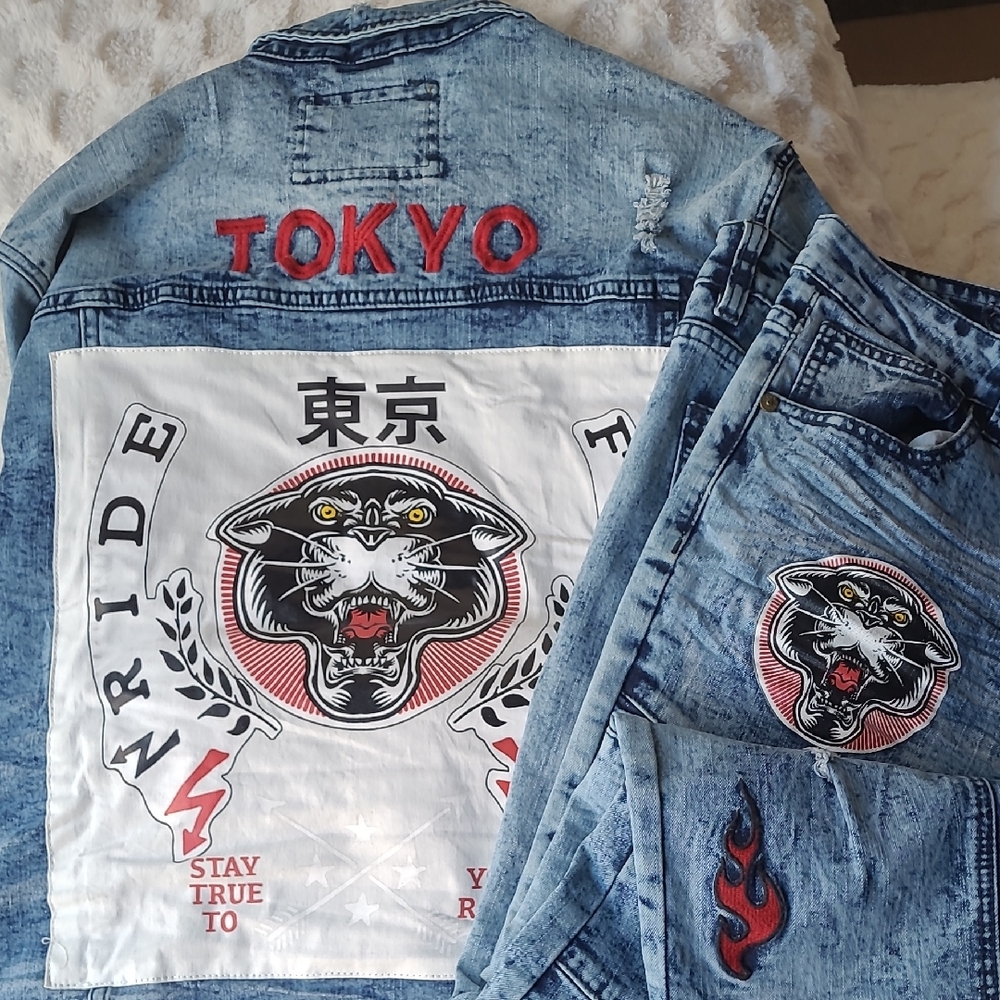 Denim Jacket and Jeans Set with Panther Design